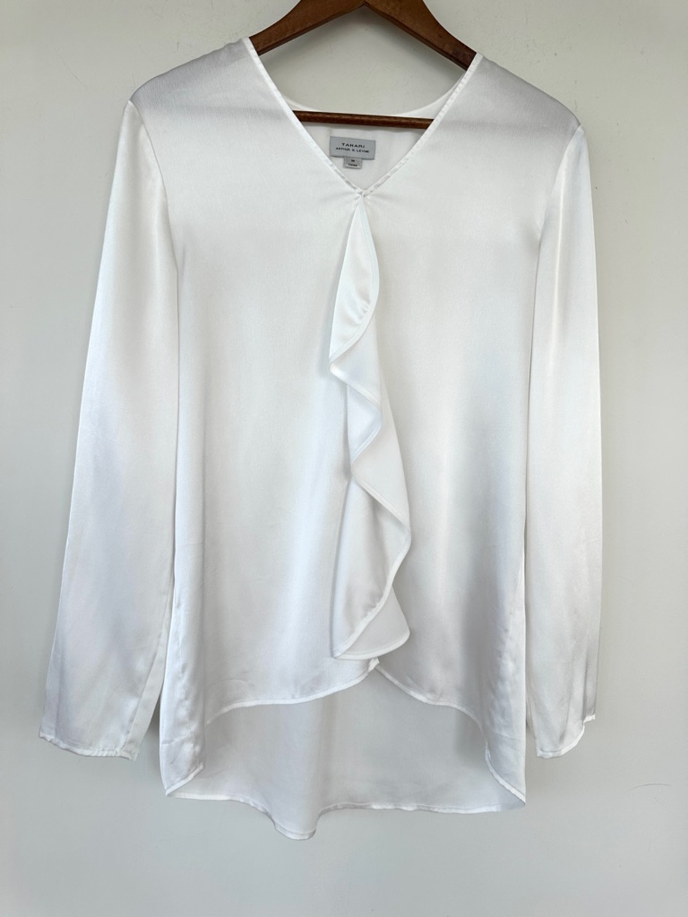 Tahari V-Neck Ruffle Detail Long Sleeve Blouse, White Satin - Picture 4 of 12